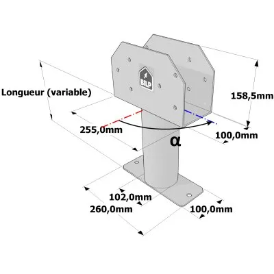 Poteau structurel OSP - D102mm - Platine haute en U 100x255x158,5mm - Embase rectangulaire 100x260mm - Réf. SP5-SP6Ø102_100x255