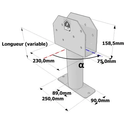 Poteau structurel OSP - D89mm - Platine haute en U 75x230x158,5mm - Embase rectangulaire 90x250mm - Réf. SP5-SP6Ø89_75x230