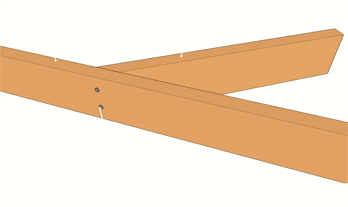 Par des clous torsadés à travers l’arêtier