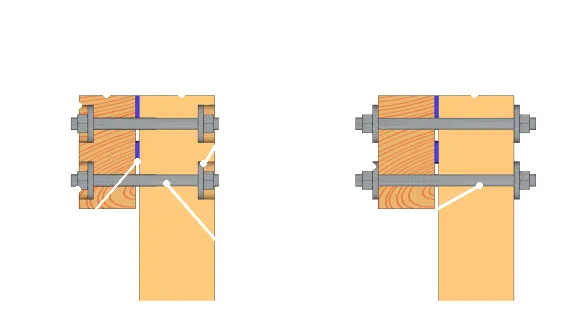 Coupes de la zone de fixation de la panne avec et sans trous borgnes (cas d’une panne simple)
