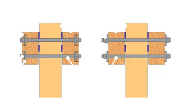Coupes de la zone de fixation de la panne avec et sans trous borgnes (cas d’un moisage)