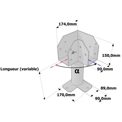 Poteau structurel OSP - D89mm - Platine haute en L 90x174x150mm - Embase en angle 90x170mm - Réf. SP4-SP7Ø89_90x174
