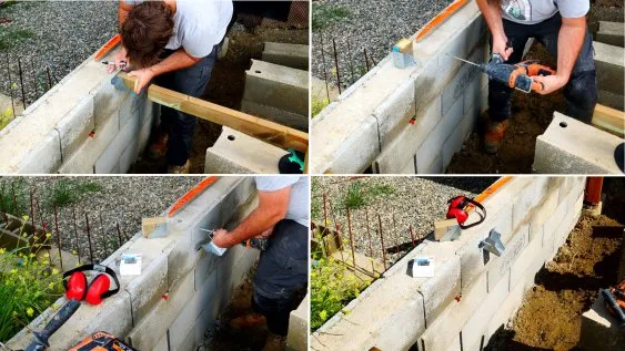 Pose des lambourdes centrales au mur de soutènement 