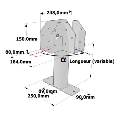 Poteau structurel OSP - D89mm - Platine haute en T 80x164x150mm - Embase rectangulaire 90x250mm - Réf. SP5-SP8Ø89_80x164