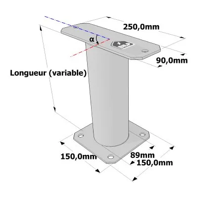 Poteau structurel OSP - D89mm - Platine haute rectangulaire 90x250mm - Embase 150x150mm - Réf. SP1-SP5Ø89_90x250