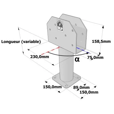 Poteau structurel OSP - D89mm - Platine haute en U 75x230x158,5mm - Embase 150x150mm - Réf. SP1-SP6Ø89_75x230